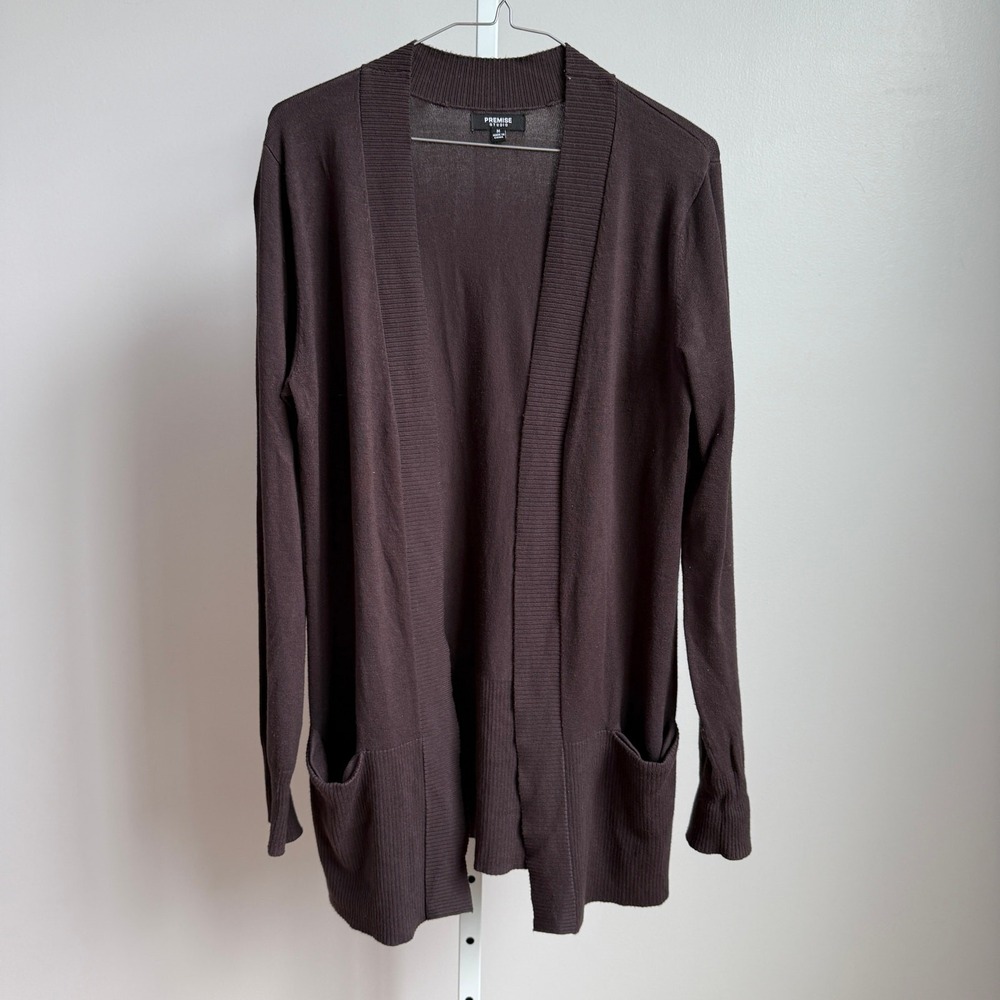 Premise Studio M Brown Cardigan Open Ribbed Sweater Preppy Classic Minimalist‎